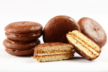Fresh baked chocolate cake filled with marshmallow cfeam. 