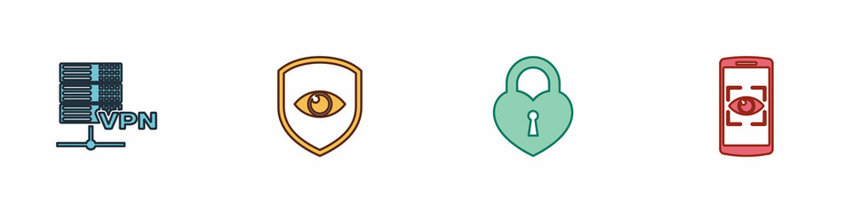 Set Server VPN, Shield and eye, Castle in the shape of heart and Mobile scan icon. Vector