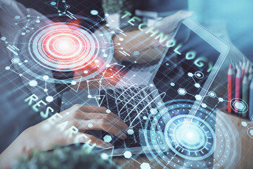 Double exposure of woman hands working on computer and data theme hologram drawing. Tech concept.