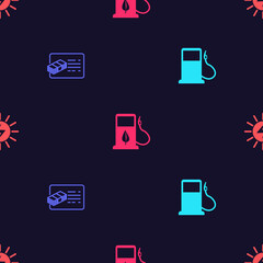 Set Petrol or Gas station, Financial document, Bio fuel with fueling nozzle and Solar energy panel on seamless pattern. Vector
