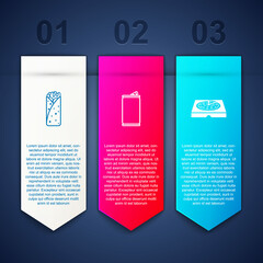 Set Burrito, Aluminum can and Pizza cardboard box. Business infographic template. Vector