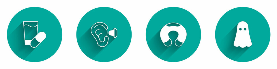 Set Sleeping pill, Earplugs and ear, Travel neck pillow and Ghost icon with long shadow. Vector