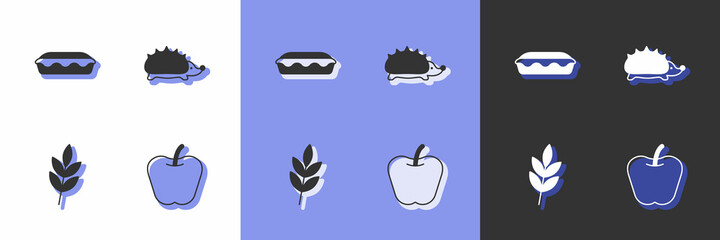 Set Apple, Homemade pie, Leaf and Hedgehog icon. Vector