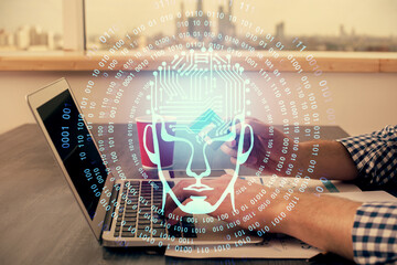 Double exposure of man hands typing on computer with credit card and brain theme drawing. E-commerce and AI concept.