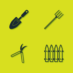 Set Garden trowel spade or shovel, fence, Gardening handmade scissor and pitchfork icon. Vector
