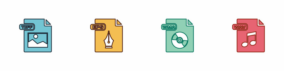 Set TIFF file document, EPS, WMA and WAV icon. Vector
