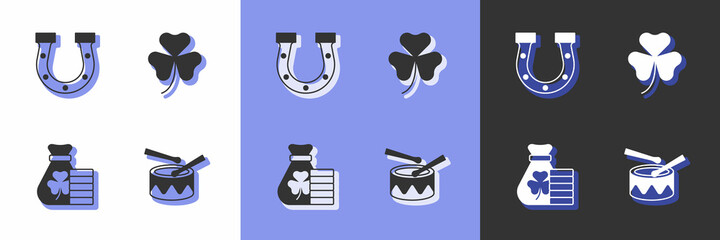 Set Drum with drum sticks, Horseshoe, Money bag clover and Clover trefoil leaf icon. Vector