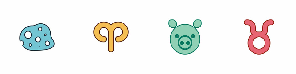 Set Asteroid, Aries zodiac, Pig and Taurus icon. Vector