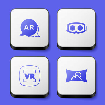 Set Augmented reality AR, Virtual glasses, and Wide angle picture icon. White square button. Vector
