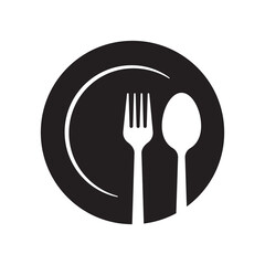 Fork and spoon in plate icon, Kitchen utensil sign, Dining cutlery silhouette design, Vector illustration