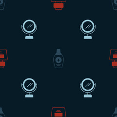 Set Perfume, Bottle of shampoo and Round makeup mirror on seamless pattern. Vector