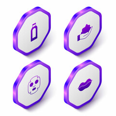 Set Isometric Bottle of shampoo, Shaving foam on hand, Facial cosmetic mask and Smiling lips icon. Purple hexagon button. Vector