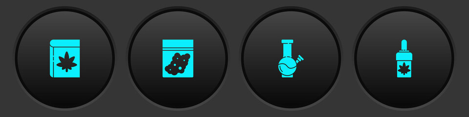 Set Book and marijuana or cannabis, Plastic bag of, Glass bong for smoking and Marijuana olive oil icon. Vector