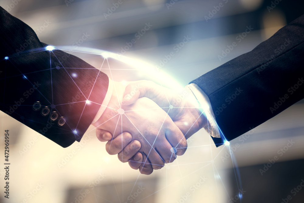 Poster double exposure of social network theme hologram and handshake of two men.