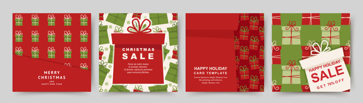 Christmas sale social media post.Festive square templates.Merry Christmas and Happy New Year frame,background,greeting card,poster,cover.Vector illustration for mobile apps,banner design and web ads