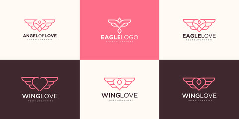 set of creative eagle love with line minimalist logo design