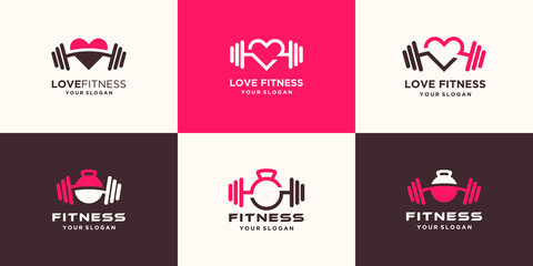 set of abstract fitness love logo. kettlebell combined dumbbell and heart logo design - obrazy, fototapety, plakaty