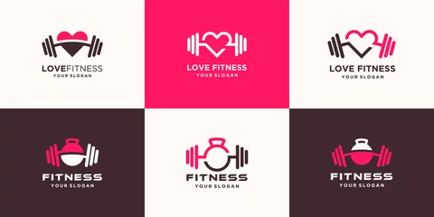 Abwaschbare Fototapete set of abstract fitness love logo. kettlebell combined dumbbell and heart logo design © POLLARIZE