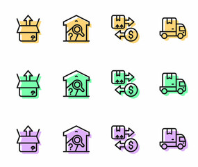 Set line Tax cardboard box, Unboxing, Warehouse check and Delivery cargo truck icon. Vector