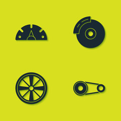 Set Speedometer, Timing belt kit, Alloy wheel and Car brake disk with caliper icon. Vector