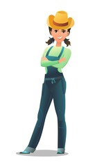 Woman villager farmer in overalls. Girl is an agricultural worker. Cheerful person. Standing pose. Cartoon comic style flat design. Single character. Illustration isolated on white background. Vector
