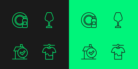 Set line Drying clothes, Home cleaning service, Dishwashing bottle and plate and Wine glass icon. Vector