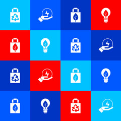 Set Paper bag with recycle, Lightning bolt, Shopping and bulb leaf icon. Vector