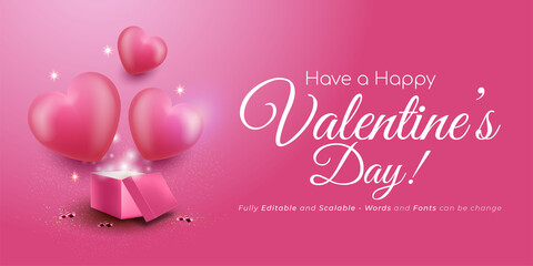 Realistic editable 3d style text, valentine's day wallpaper with hearts