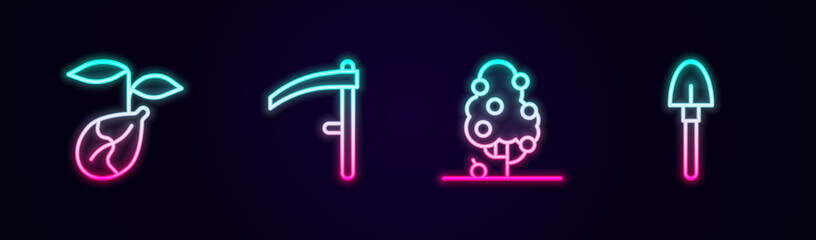 Set line Sprout, Scythe, Fruit tree and Shovel. Glowing neon icon. Vector