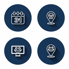 Set line Halloween date 31 october, Skull, Happy holiday and with long shadow. Blue circle button. Vector