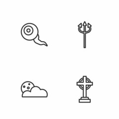 Set line Tombstone with cross, Moon and stars, Eye and Trident devil icon. Vector