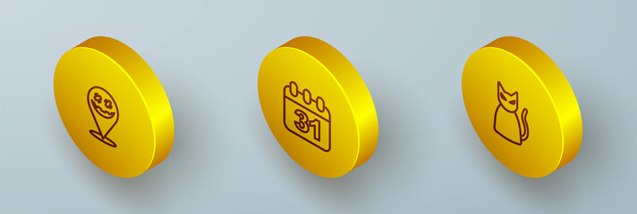 Set Isometric line Happy Halloween holiday, date 31 october and Black cat icon. Vector