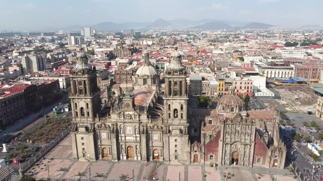 Mexico City: Aerial view of capital city of Mexico, Mexico City's main square Plaza de la Constitucion (El Z&oacute;calo) and Metropolitan Cathedral - landscape panorama of North America from above