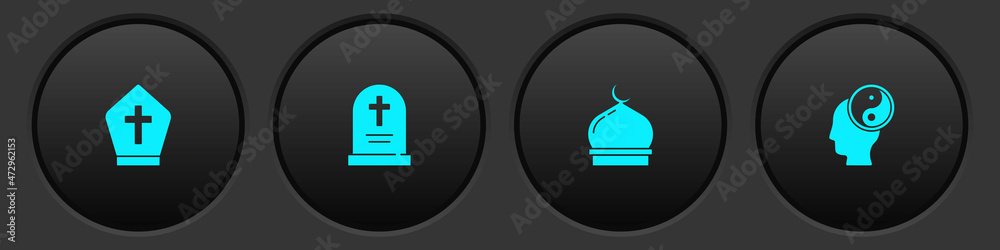 Sticker Set Pope hat, Tombstone with cross, Muslim Mosque and Yin Yang icon. Vector