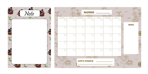 Fototapeta na wymiar Vector set of weekly planner, to do list, note, background with doodle pirate print. School planner with doodle sketch. A map with a hand-drawn sketch of a mermaid ship and pirate items. Template for