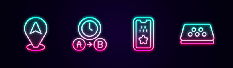Set line Location taxi car, Taxi waiting time, mobile app and roof. Glowing neon icon. Vector