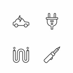 Set line Soldering iron, Electric cable, car and plug icon. Vector
