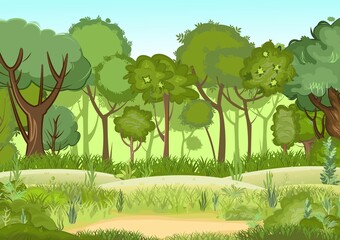 A glade at the edge of a green, light summer forest. Trees in the grass. Flat cartoon style. Rural landscape with dense thickets. Illustration vector