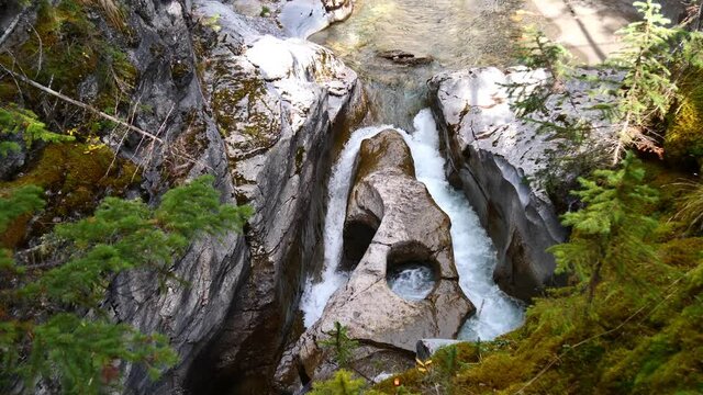 View of raging river with waterfall and washed out eroded rocks in popular gorge Maligne Canyon in Jasper National Park, Alberta, Canada in the Rocky Mountains in autumn season with trees.