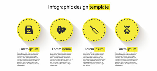 Set Pack full of seeds of plant, Coffee beans, Scoop flour and Windmill. Business infographic template. Vector