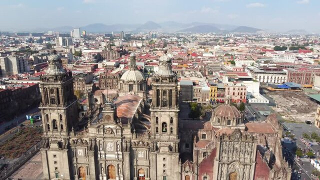 Mexico City: Aerial view of capital city of Mexico, Mexico City's main square Plaza de la Constitucion (El Z&oacute;calo) and Metropolitan Cathedral - landscape panorama of North America from above