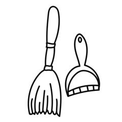 Broom and scoop for cleaning the house, handdrawn doodle elements set