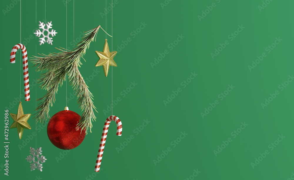 Wall mural Christmas decorations with pine branches on green background. 3d rendering