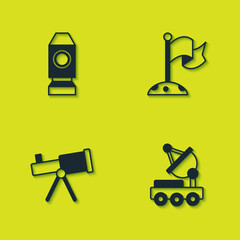 Set Rocket ship, Mars rover, Telescope and Moon with flag icon. Vector