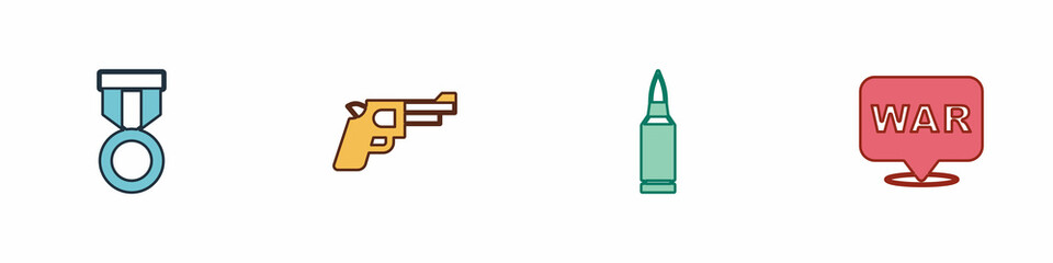 Set Military reward medal, Pistol or gun, Bullet and The word icon. Vector