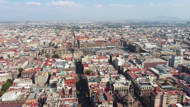 Mexico City: Aerial view of capital city of Mexico, Mexico City's main square Plaza de la Constitucion (El Z&oacute;calo) and Metropolitan Cathedral - landscape panorama of North America from above