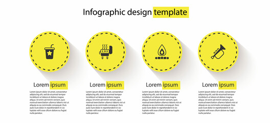 Set Paper glass with straw, Barbecue grill, Campfire and Trumpet. Business infographic template. Vector © vector_v