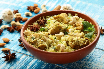 Tasty homemade  chicken pilav, pulav, Arabian foods background. rice and meat 