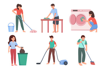 People cleaning home vector design