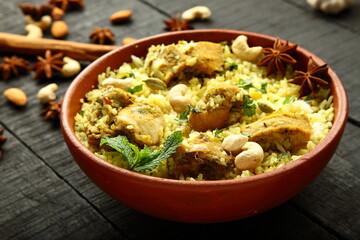 Homemade Chicken pulav, pilav,  Indian traditional recipes background. 